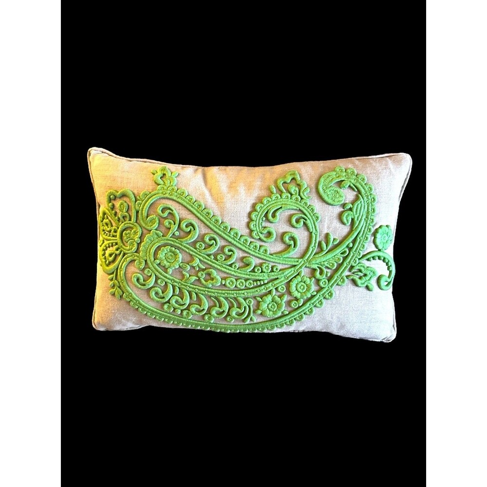 Magaschoni Decorative Throw Pillow Linen Green Embroidery Design Feather Insert